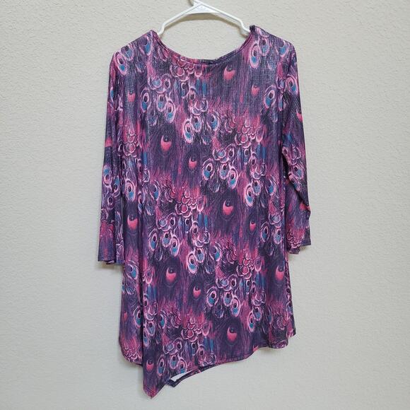 J&JL Top Womens XL Peacock Feather Print Asymmetric Casual Purple Colorful - Picture 2 of 10